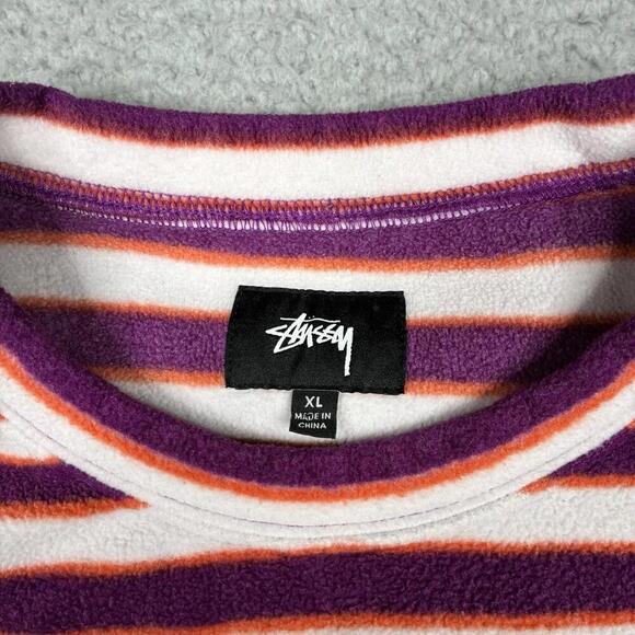 Stussy Polar Fleece Sweatshirt Men’s XL White Purple Berry Stripes Sweater Logo - Picture 2 of 7